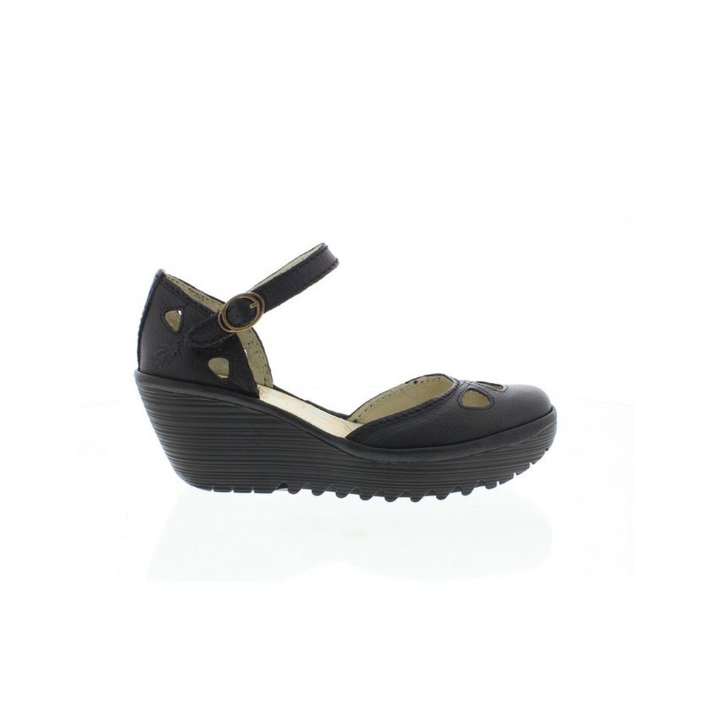 Zapatos Cuña Fly London Yuna Mujer Negras | 4601-KWIYV