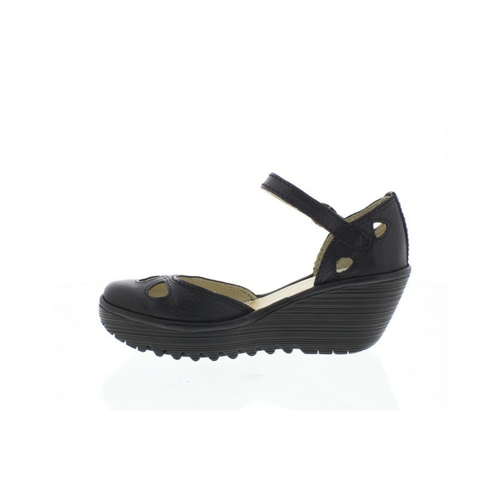 Zapatos Cuña Fly London Yuna Mujer Negras | 4601-KWIYV